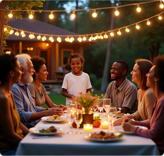 People enjoying dinner with string lights above